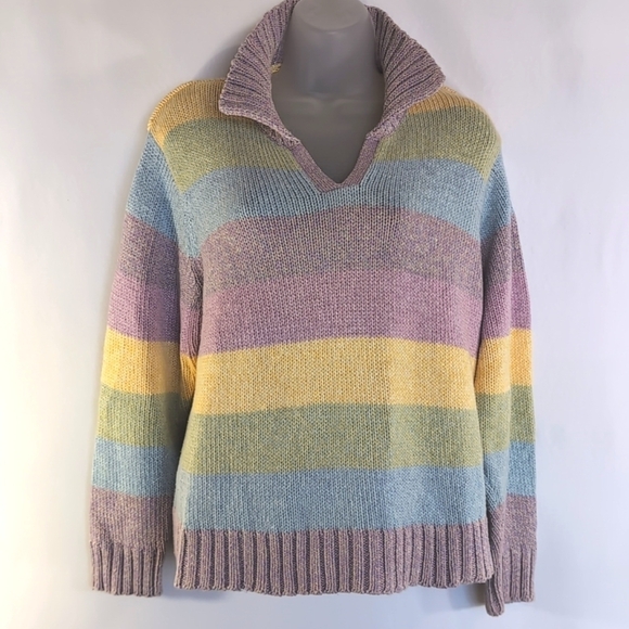 Liz Claiborne Liz Sport 100% Cotton Pastel Striped Sweater Size MP - Picture 1 of 5